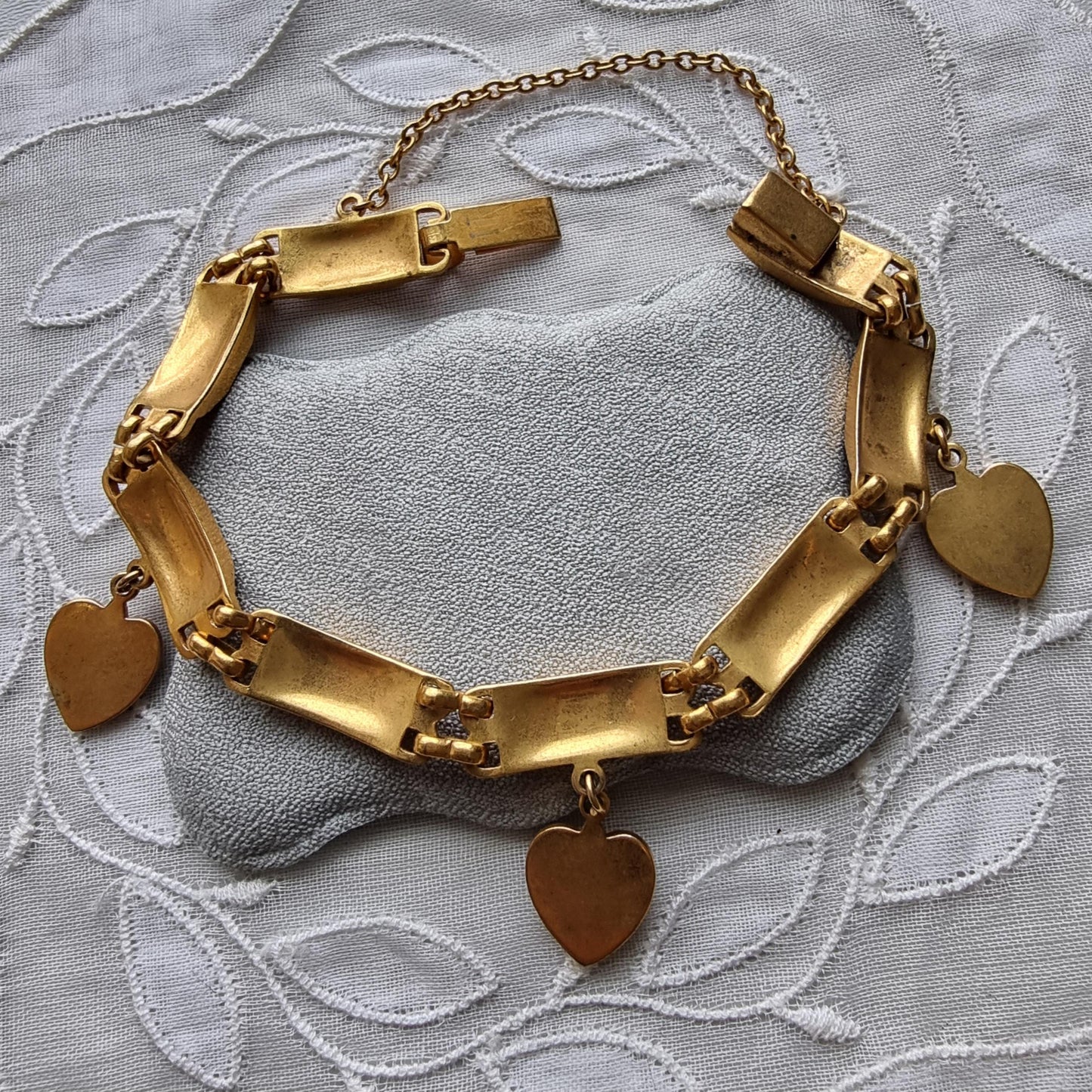 Bracelet - Square Black Panel Link Heart Charm Damascene Bracelet