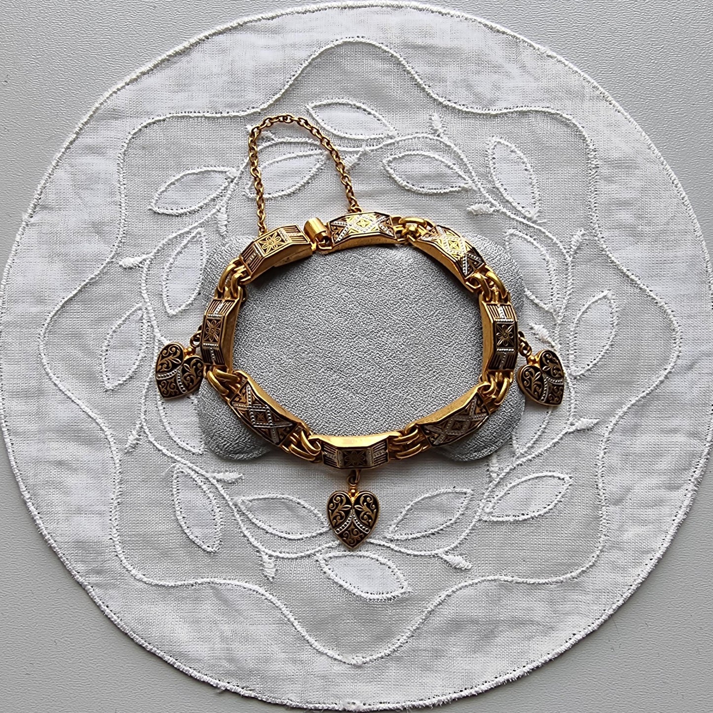 Bracelet - Square Black Panel Link Heart Charm Damascene Bracelet