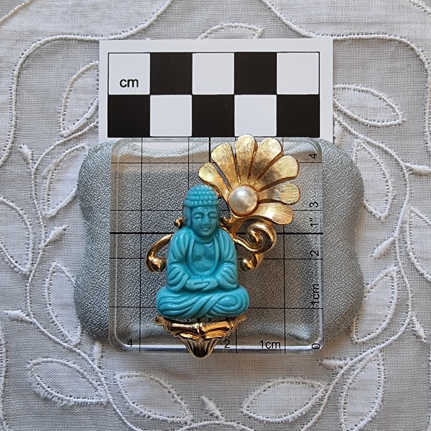 Brooch - Vintage Turquoise Acrylic Buddha and Pearl Flower Brooch