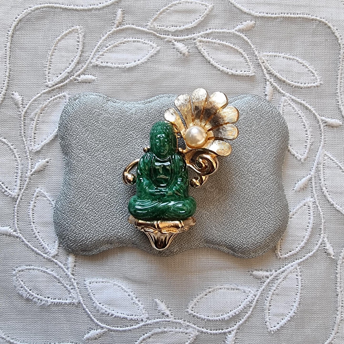 Brooch - Vintage Jade Acrylic Buddha and Pearl Flower Brooch