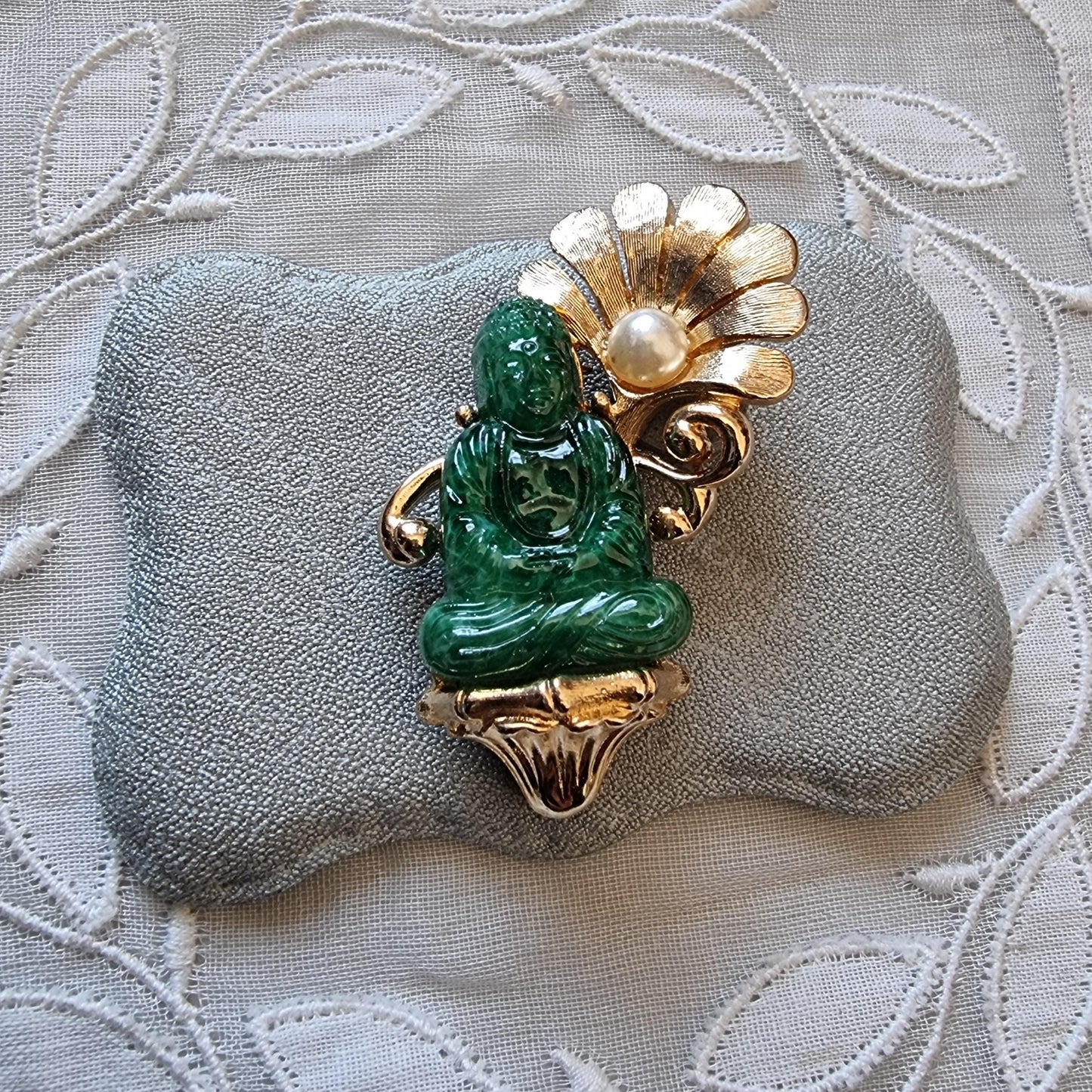 Brooch - Vintage Jade Acrylic Buddha and Pearl Flower Brooch
