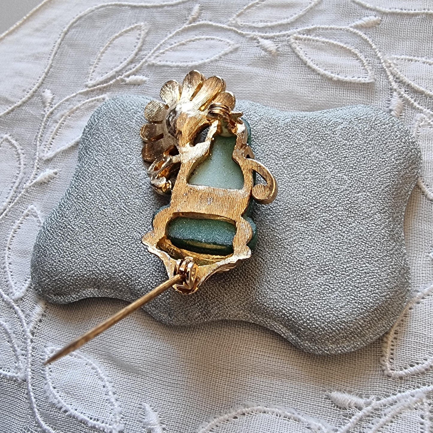 Brooch - Vintage Jade Acrylic Buddha and Pearl Flower Brooch