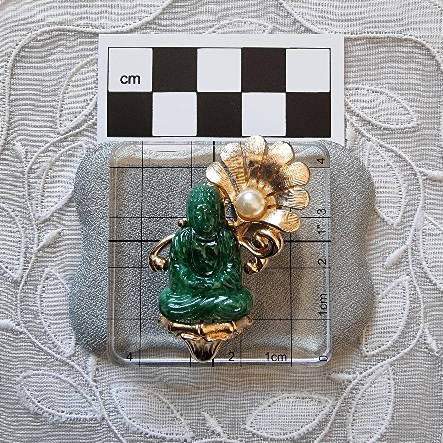 Brooch - Vintage Jade Acrylic Buddha and Pearl Flower Brooch