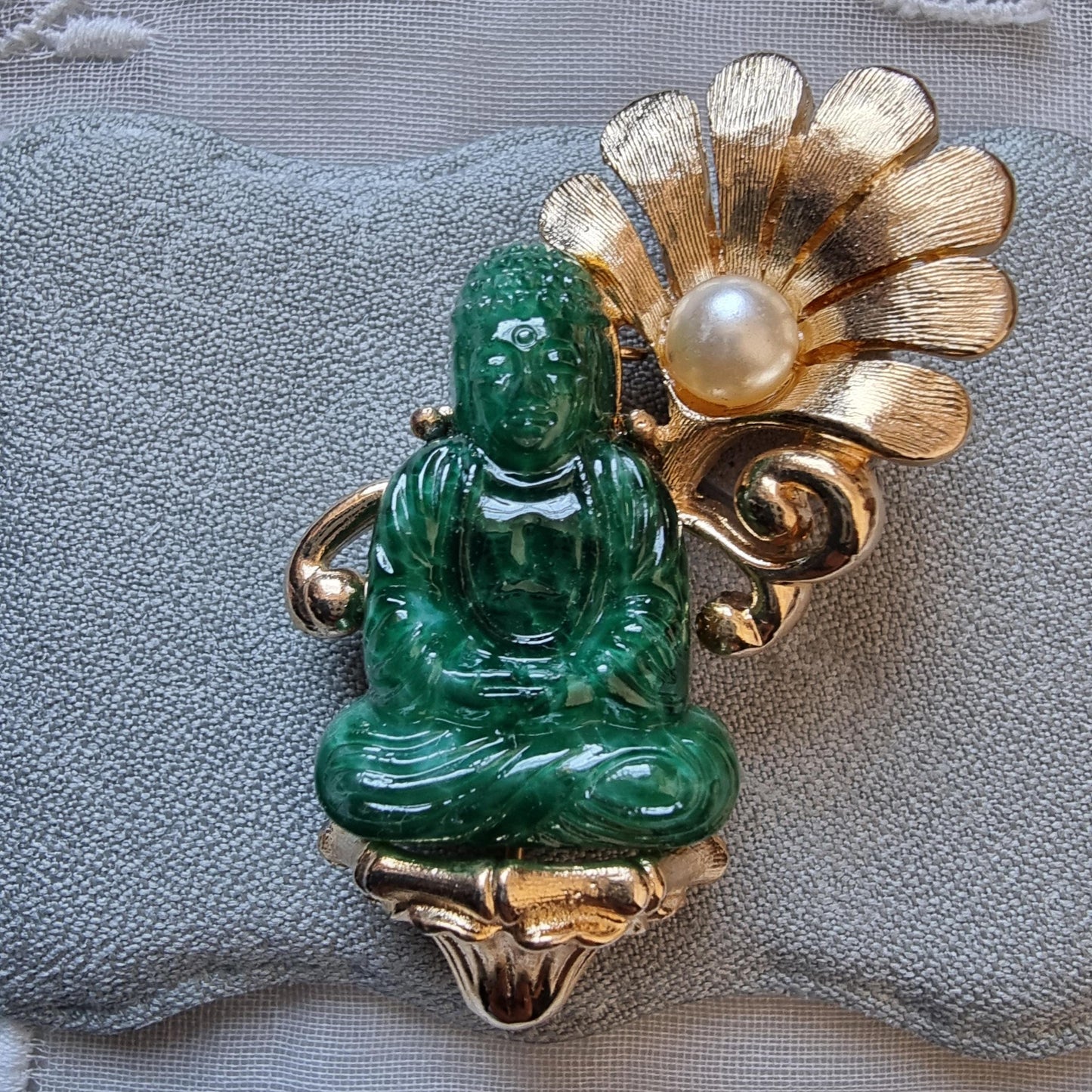 Brooch - Vintage Jade Acrylic Buddha and Pearl Flower Brooch