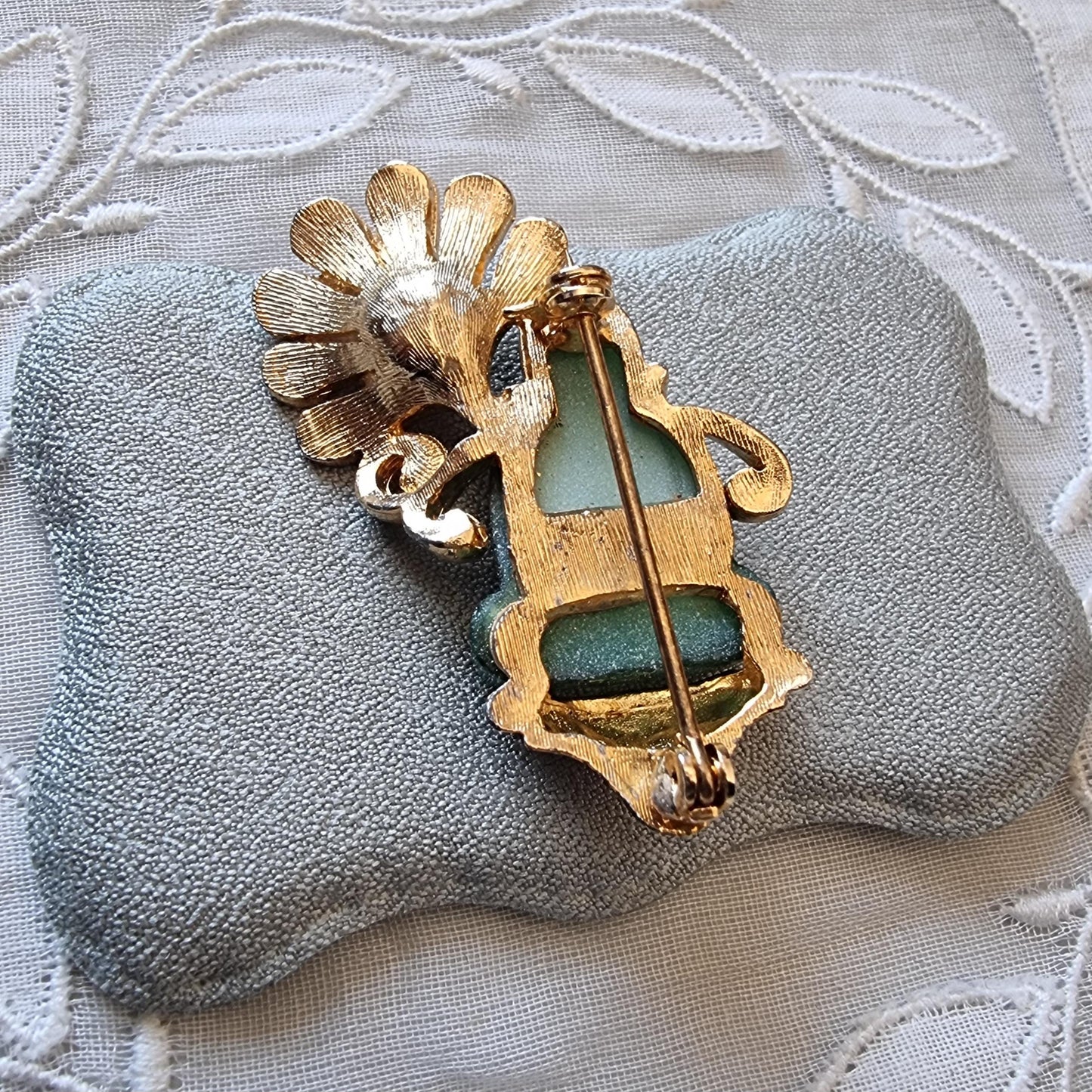 Brooch - Vintage Jade Acrylic Buddha and Pearl Flower Brooch