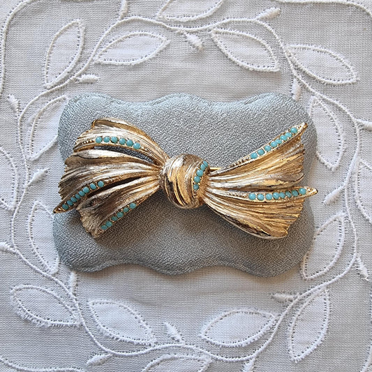 Brooch - Sphinx Gold Turquoise Bow Brooch