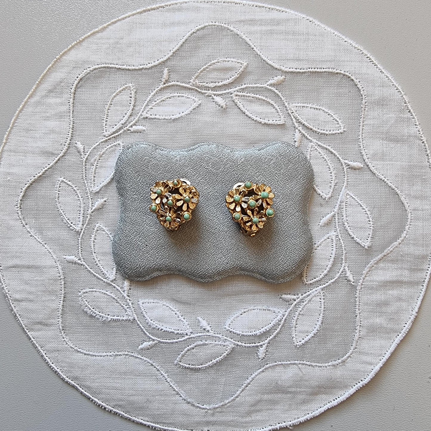 Clip on - Mint Green Enamel Flower Cluster Clip on Earrings