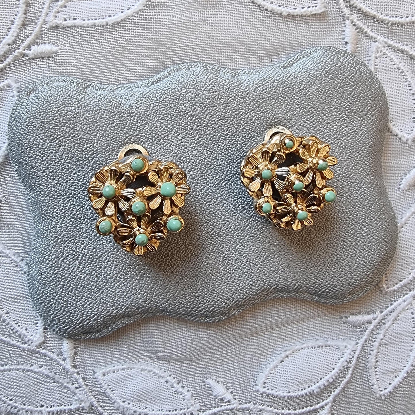 Clip on - Mint Green Enamel Flower Cluster Clip on Earrings