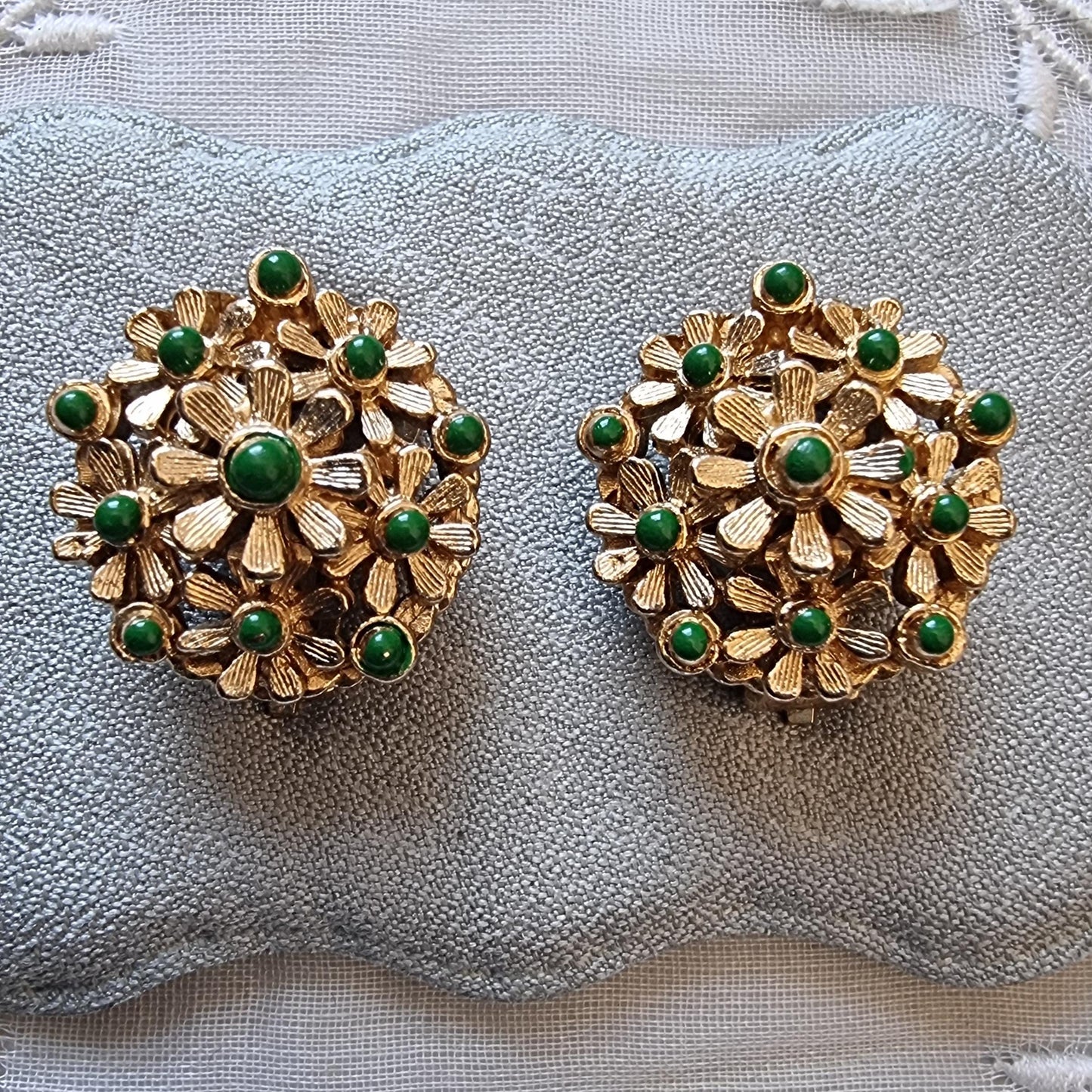 Clip on - Green Enamel Flower Cluster Clip on Earrings