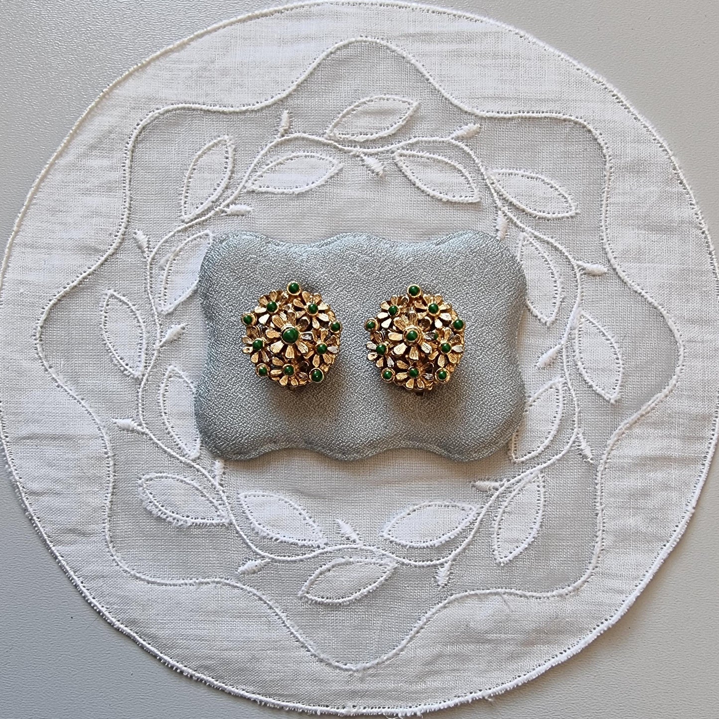 Clip on - Green Enamel Flower Cluster Clip on Earrings