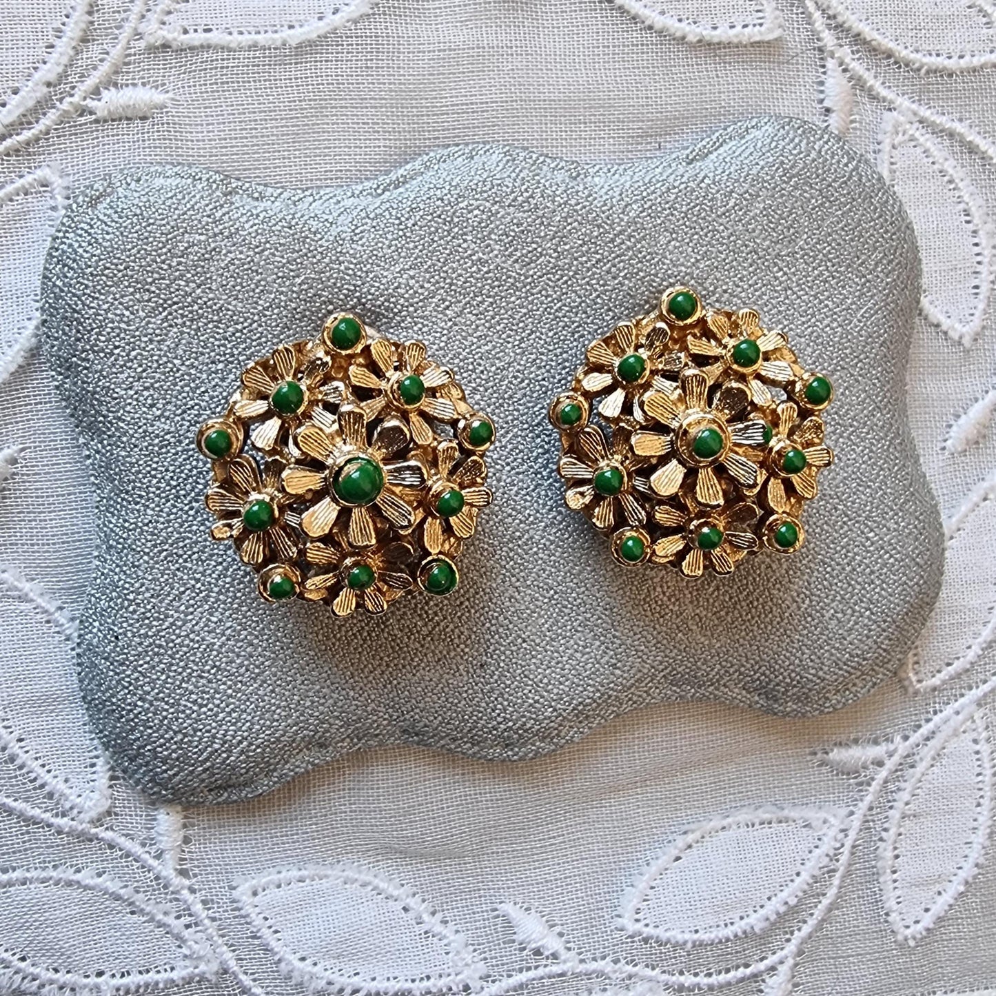 Clip on - Green Enamel Flower Cluster Clip on Earrings