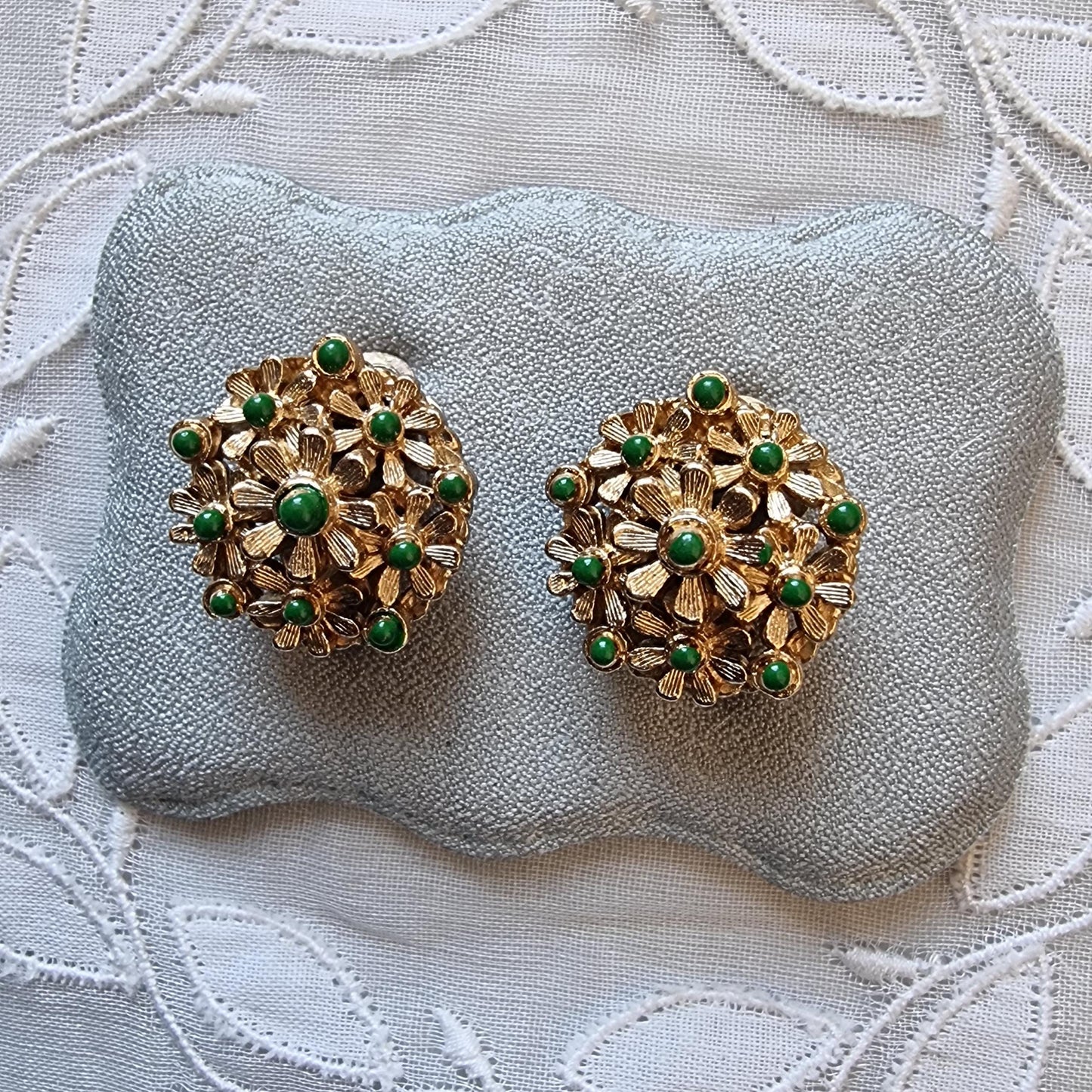 Clip on - Green Enamel Flower Cluster Clip on Earrings