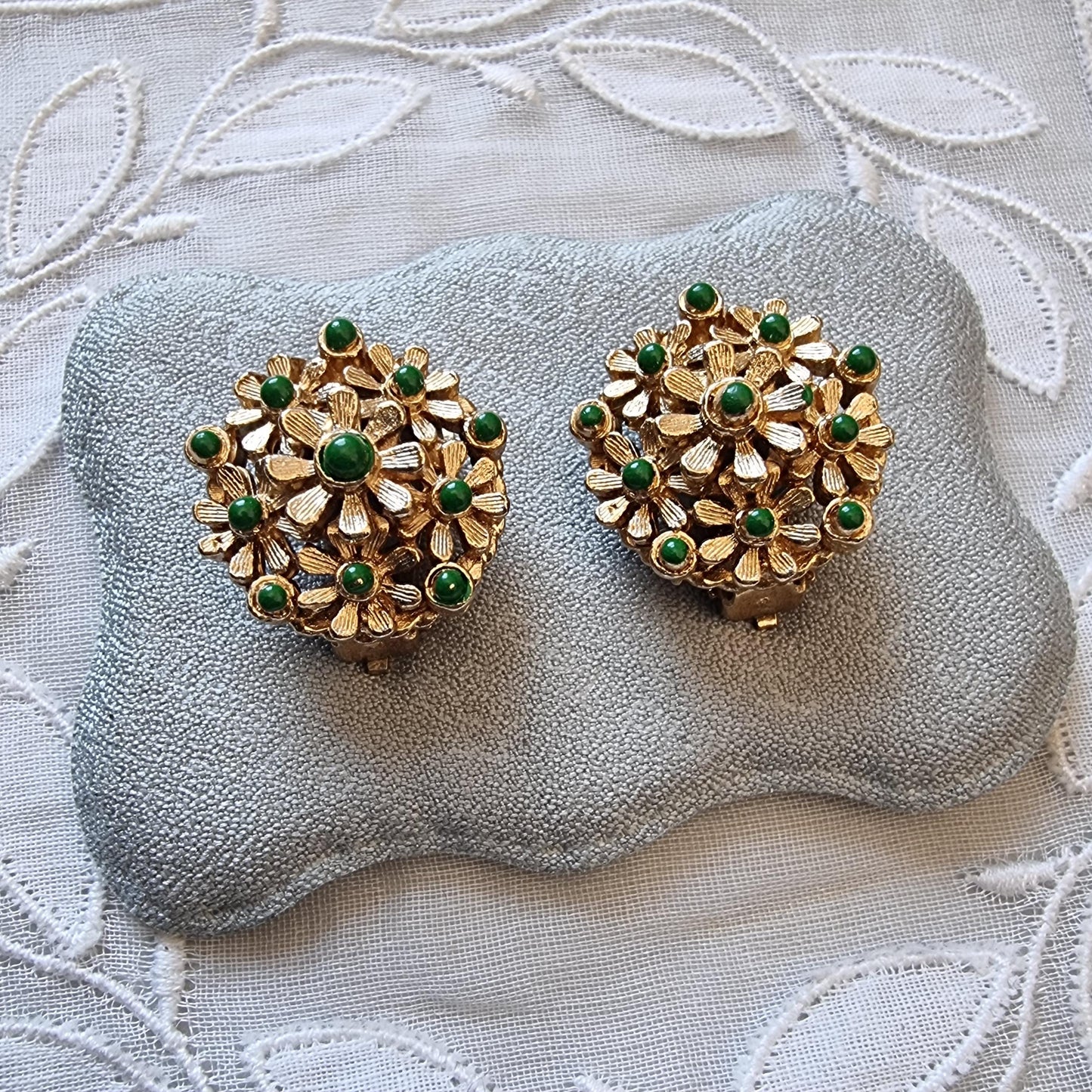 Clip on - Green Enamel Flower Cluster Clip on Earrings