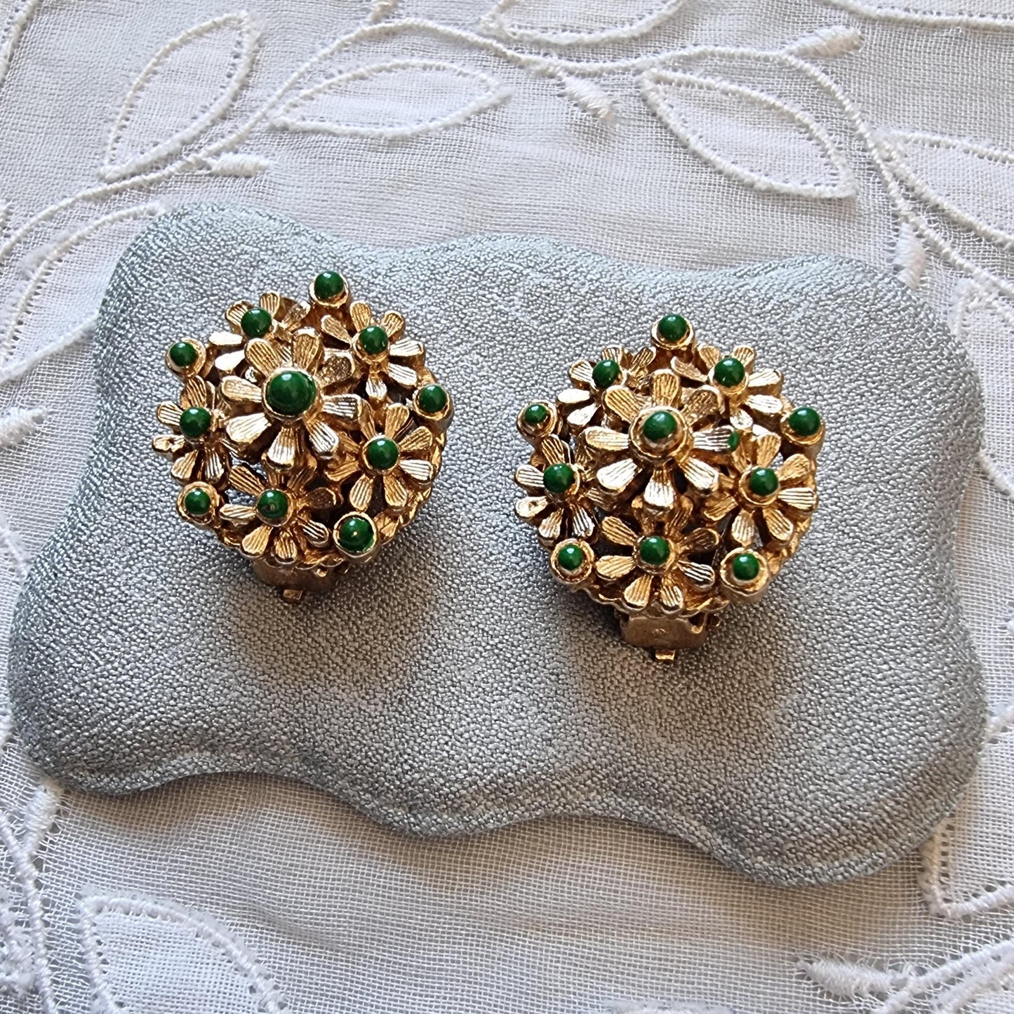 Clip on - Green Enamel Flower Cluster Clip on Earrings