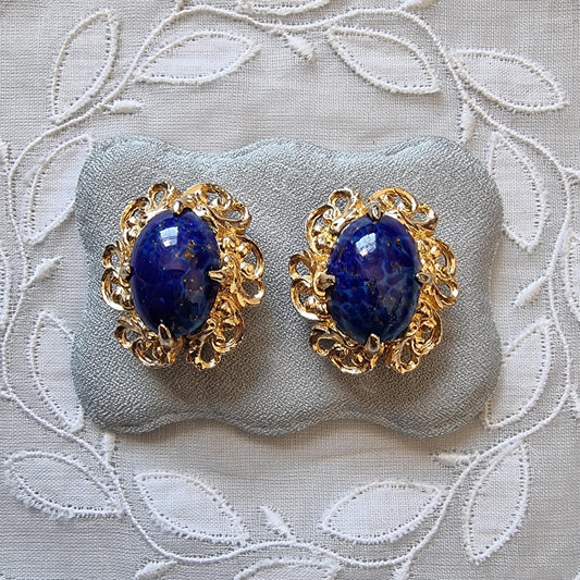 Clip on - Gold Swirls Lapis Lazuli Glass Cabochon Clip on Earrings