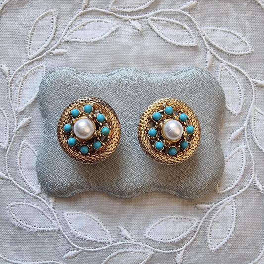 Clip on - Sphinx Round Faux Pearl and Turquoise Cluster Clip on Earrings