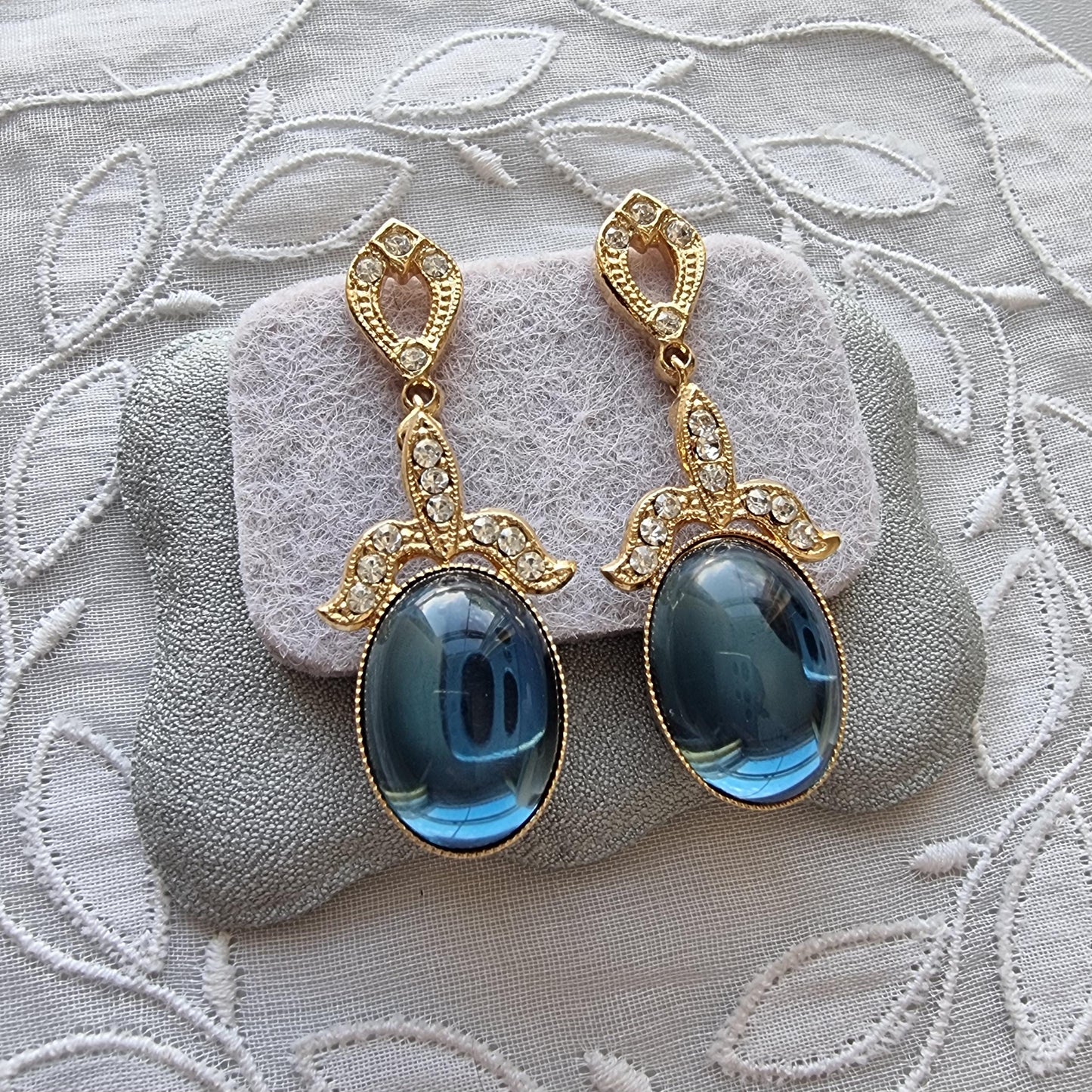 Posts - Gold Clear Crystals and Blue Cabochon Drop Earrings
