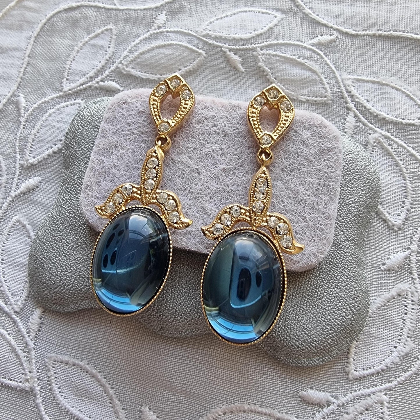Posts - Gold Clear Crystals and Blue Cabochon Drop Earrings