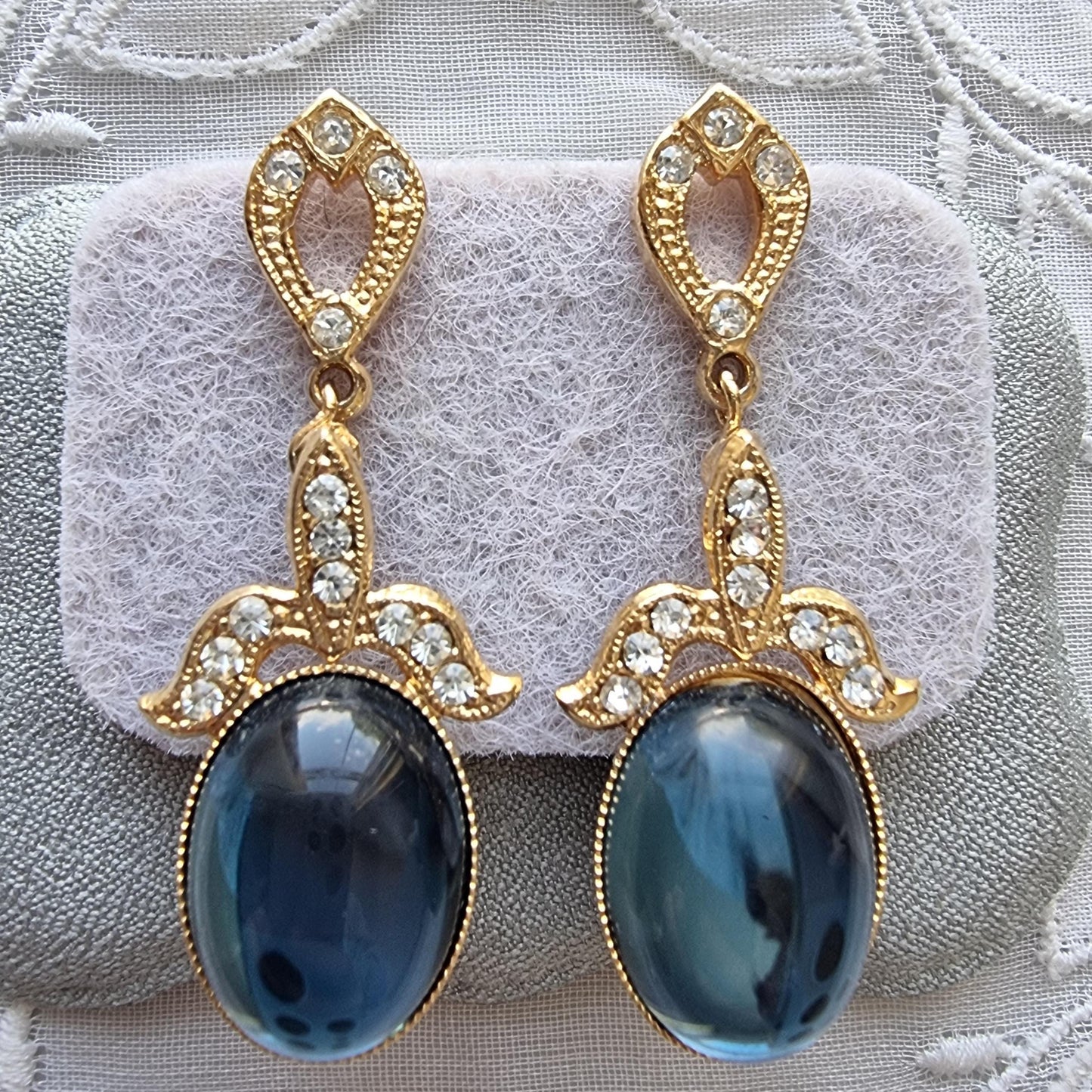 Posts - Gold Clear Crystals and Blue Cabochon Drop Earrings