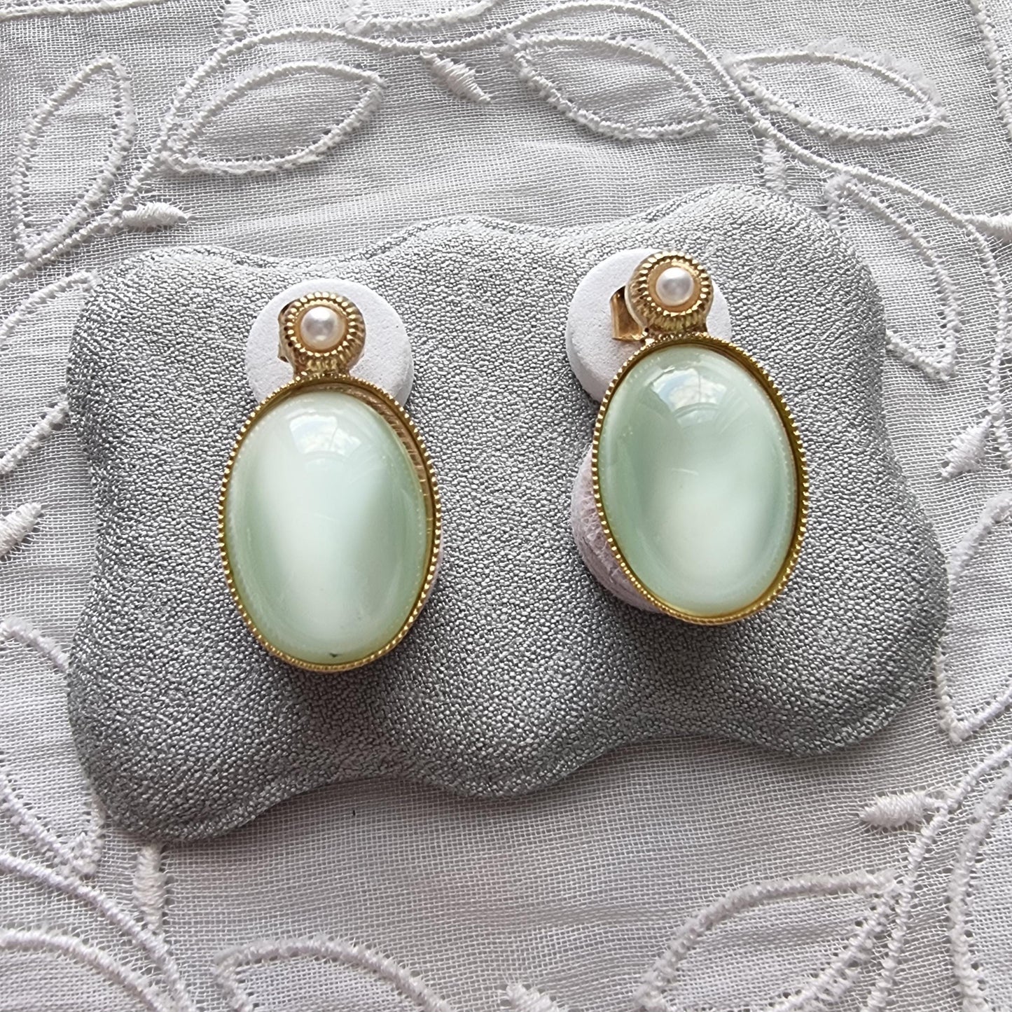 Posts - Faux Pearl and Green Cabochon Stud Earrings