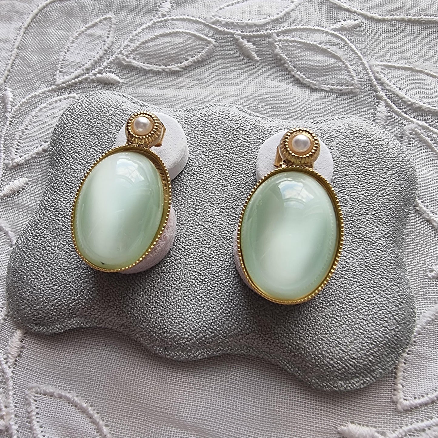 Posts - Faux Pearl and Green Cabochon Stud Earrings