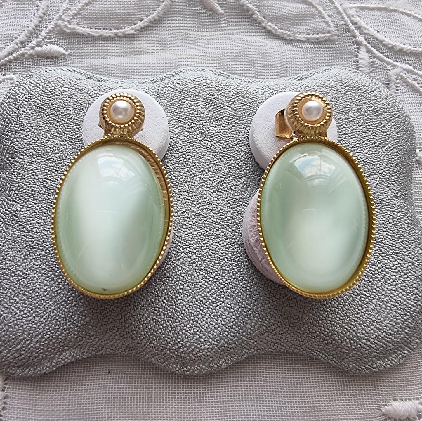 Posts - Faux Pearl and Green Cabochon Stud Earrings
