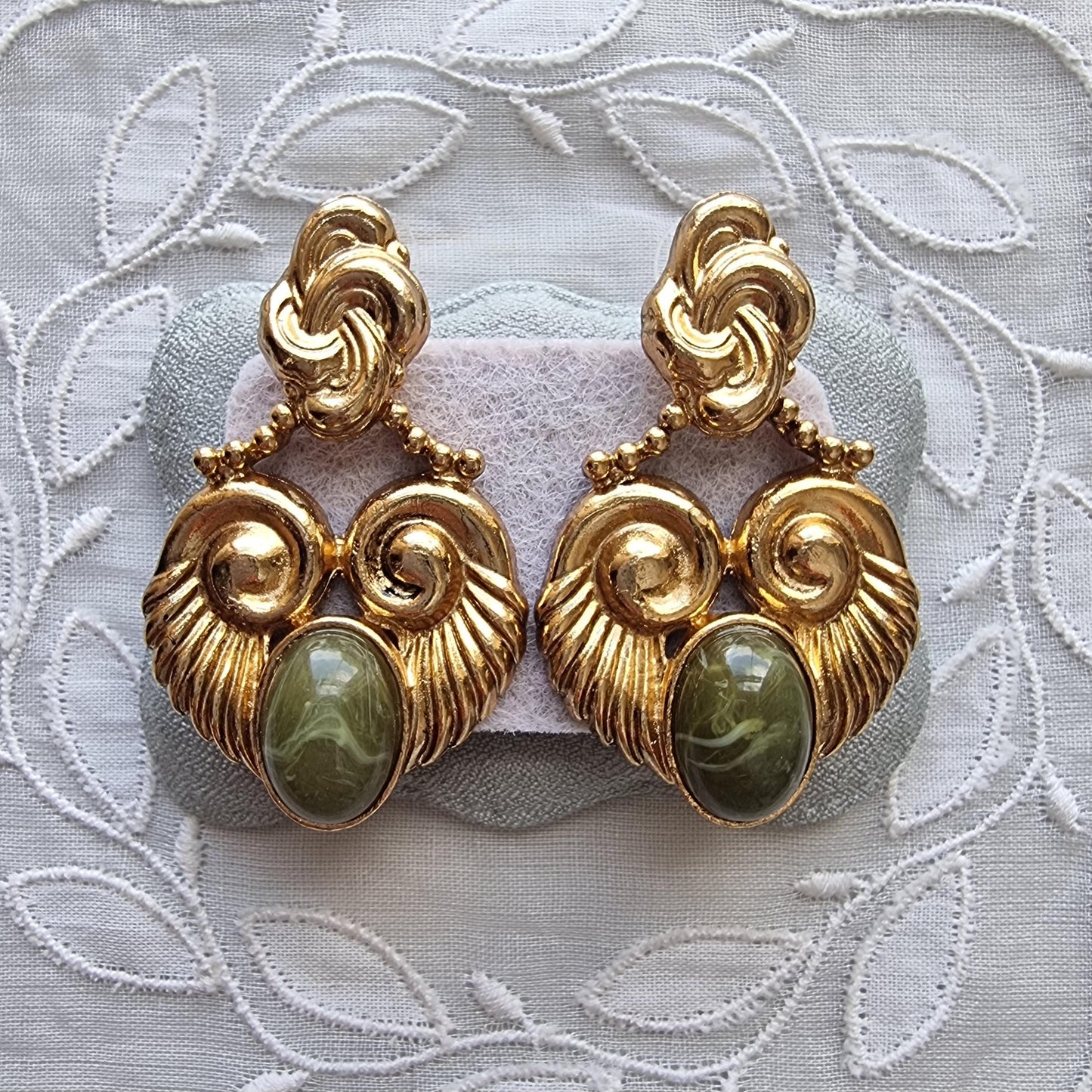 Posts - Vintage French Marbled Green Cabochon Statement Earrings