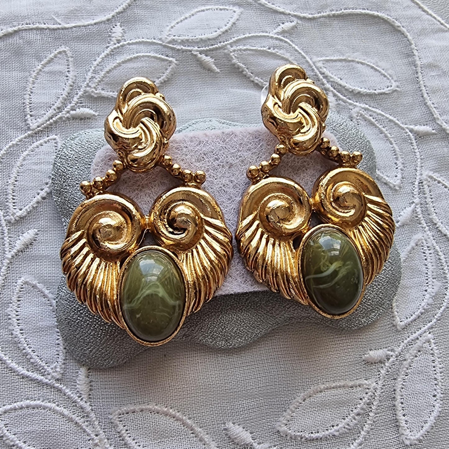 Posts - Vintage French Marbled Green Cabochon Statement Earrings