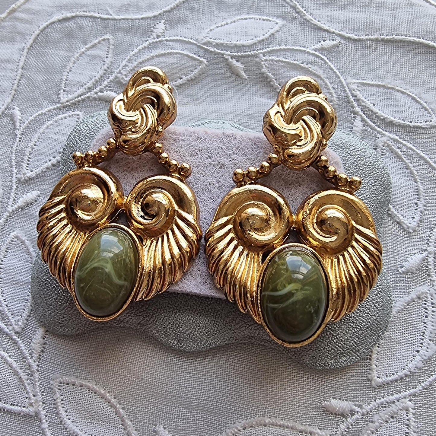 Posts - Vintage French Marbled Green Cabochon Statement Earrings