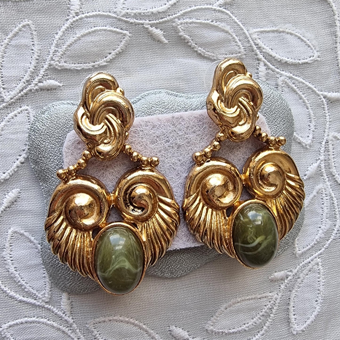 Posts - Vintage French Marbled Green Cabochon Statement Earrings