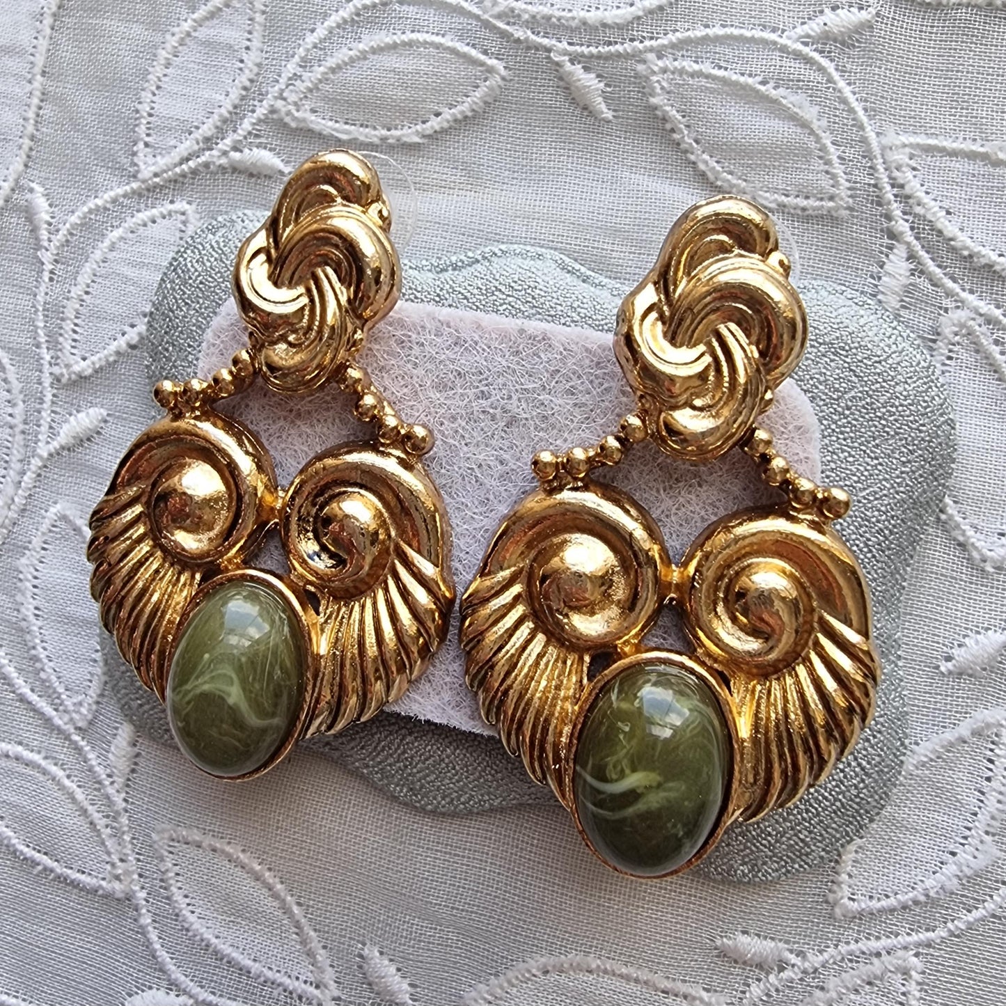 Posts - Vintage French Marbled Green Cabochon Statement Earrings