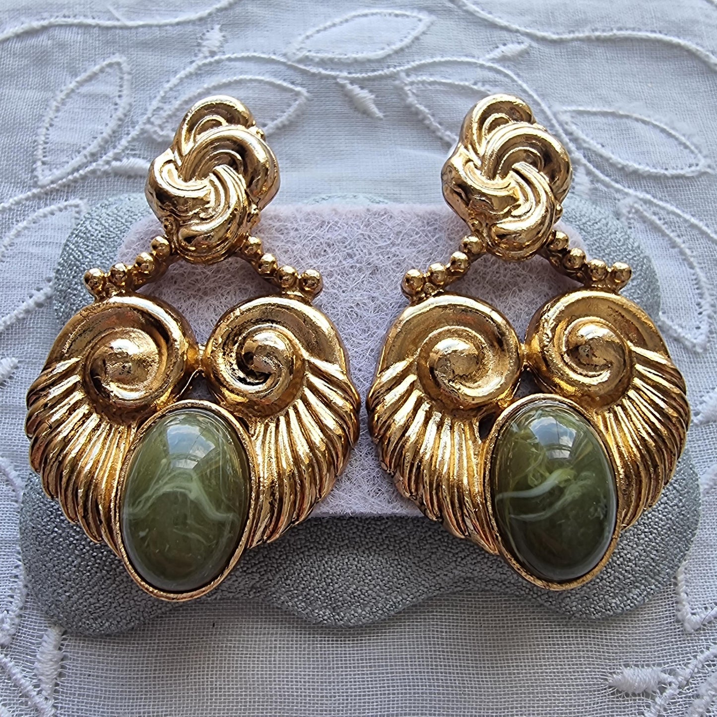 Posts - Vintage French Marbled Green Cabochon Statement Earrings