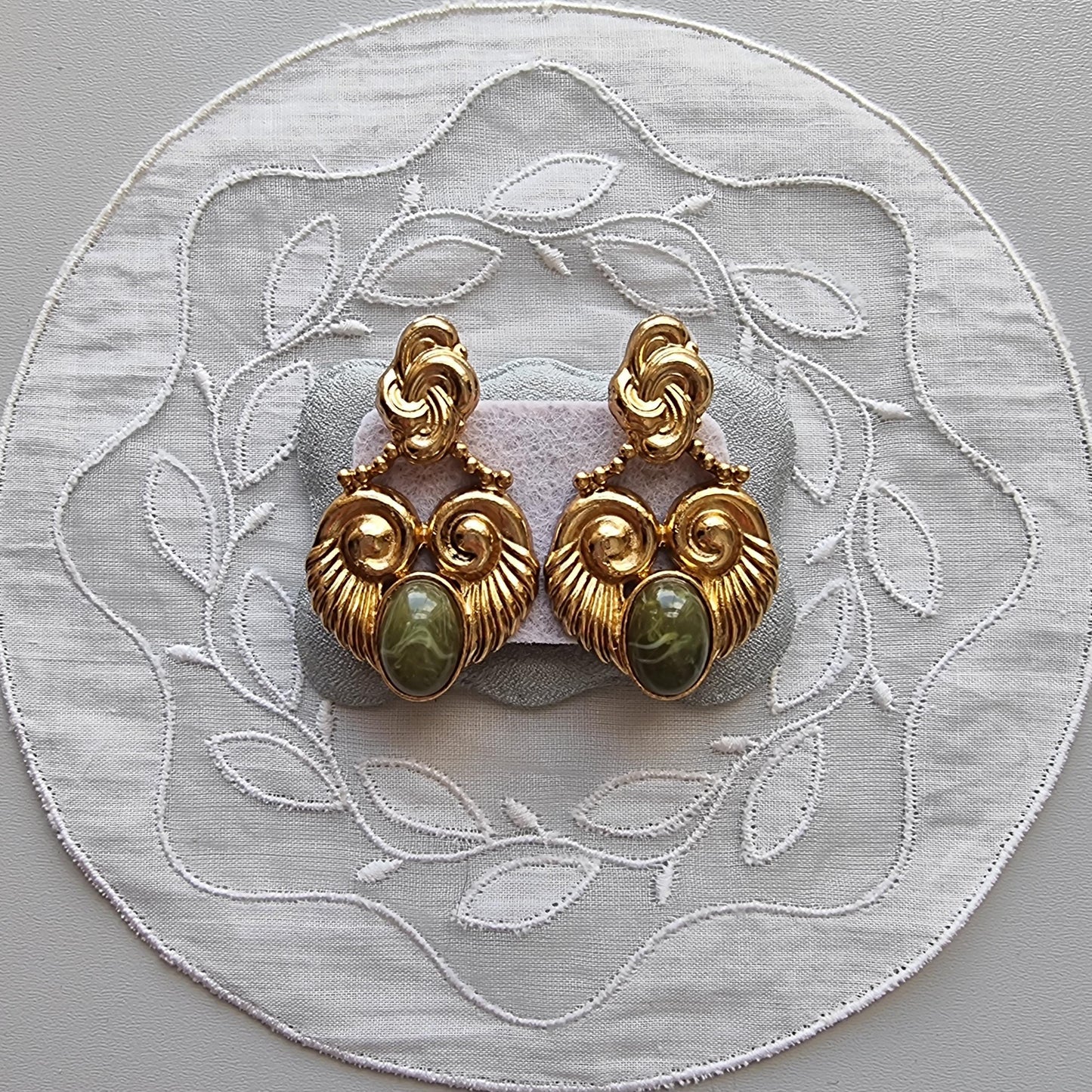 Posts - Vintage French Marbled Green Cabochon Statement Earrings