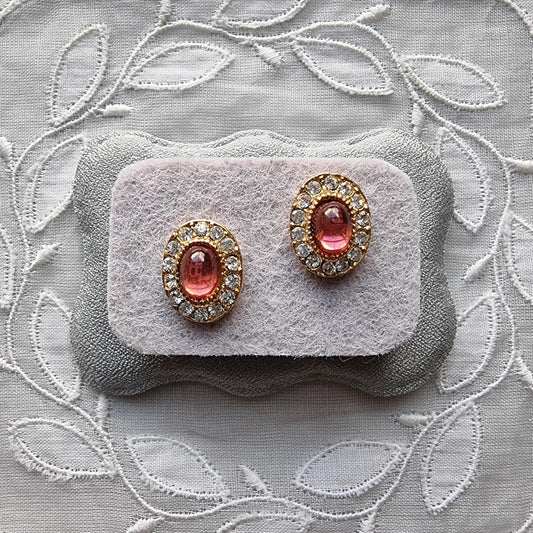 Posts - Pink Cabochon and Crystal Halo Stud Earrings