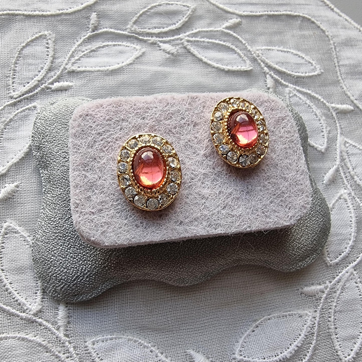 Posts - Pink Cabochon and Crystal Halo Stud Earrings