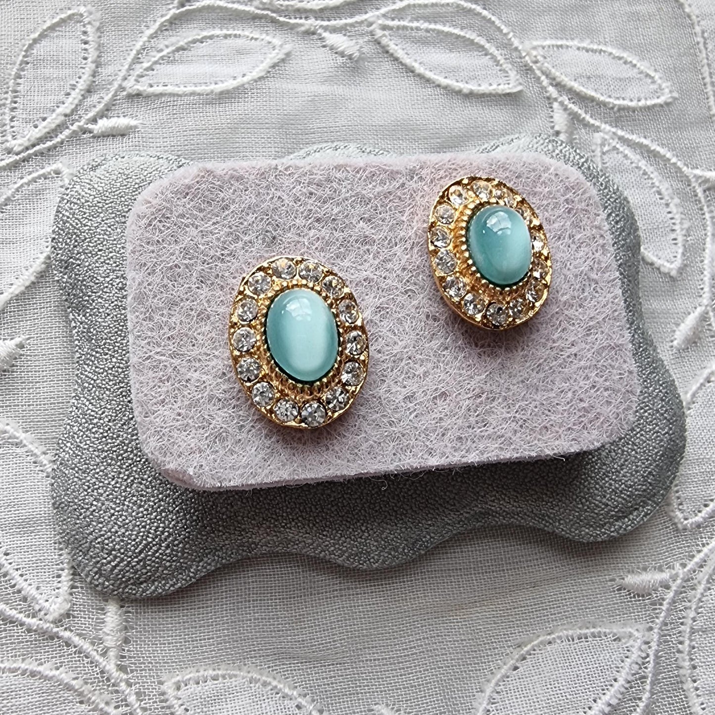 Posts - Light Blue Cat&#39;s Eye and Crystal Halo Stud Earrings
