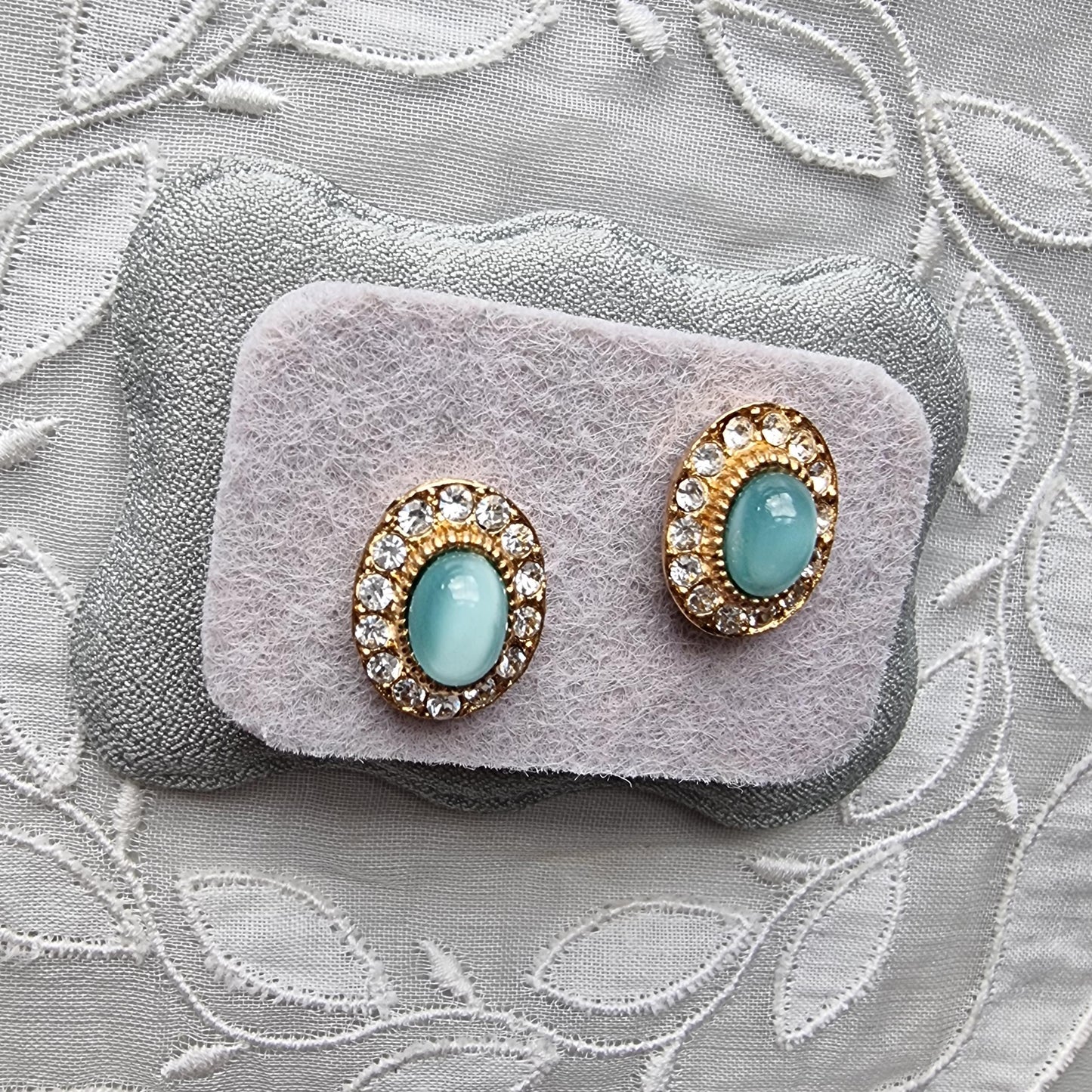 Posts - Light Blue Cat&#39;s Eye and Crystal Halo Stud Earrings