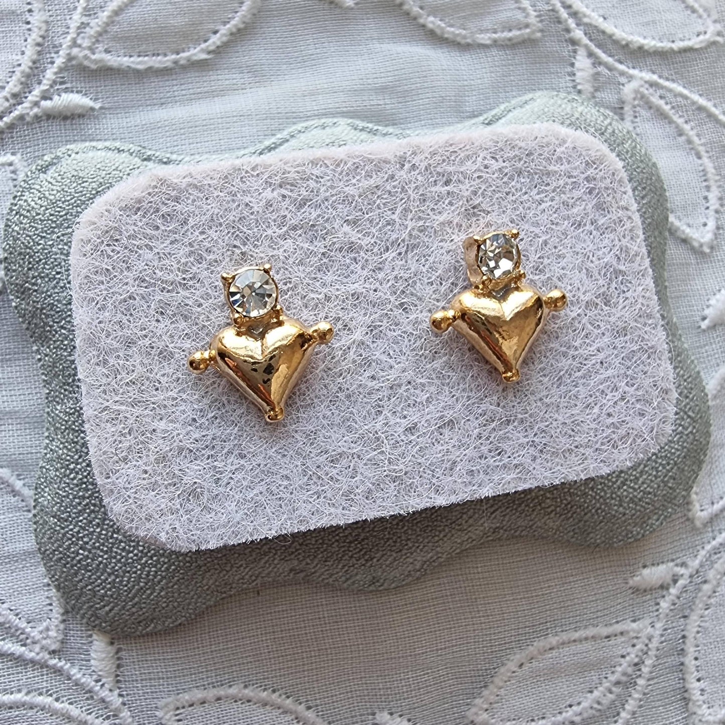 Posts - Gold Beaded Heart Crystal Stud Earrings