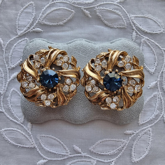 Clip on - Blue and Clear Crystals Wreath Clip on Earrings