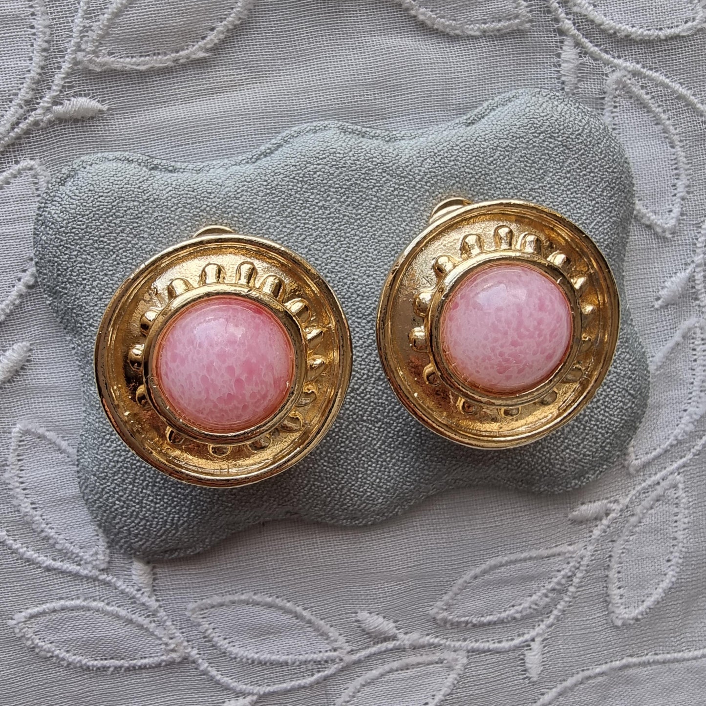 Clip on - Etruscan Pink Glass Cabochon Round Clip on Earrings