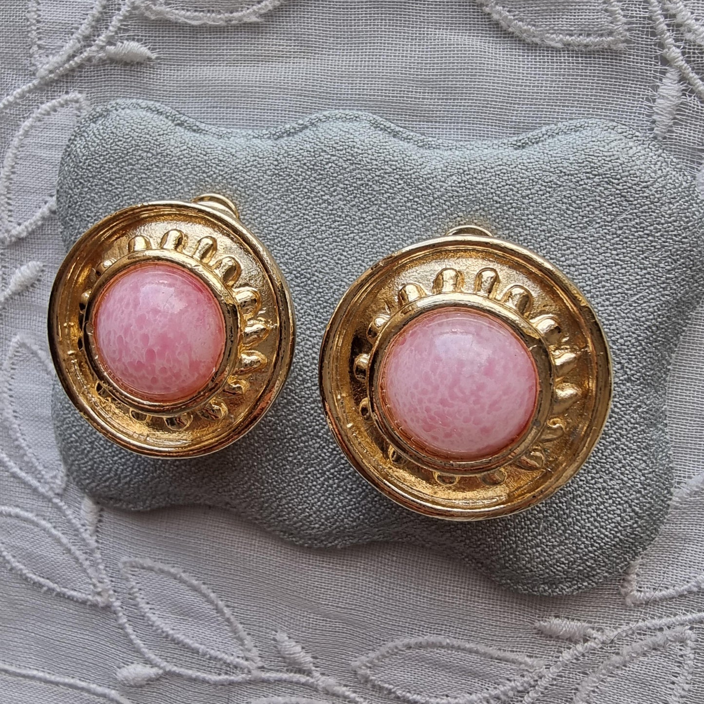 Clip on - Etruscan Pink Glass Cabochon Round Clip on Earrings