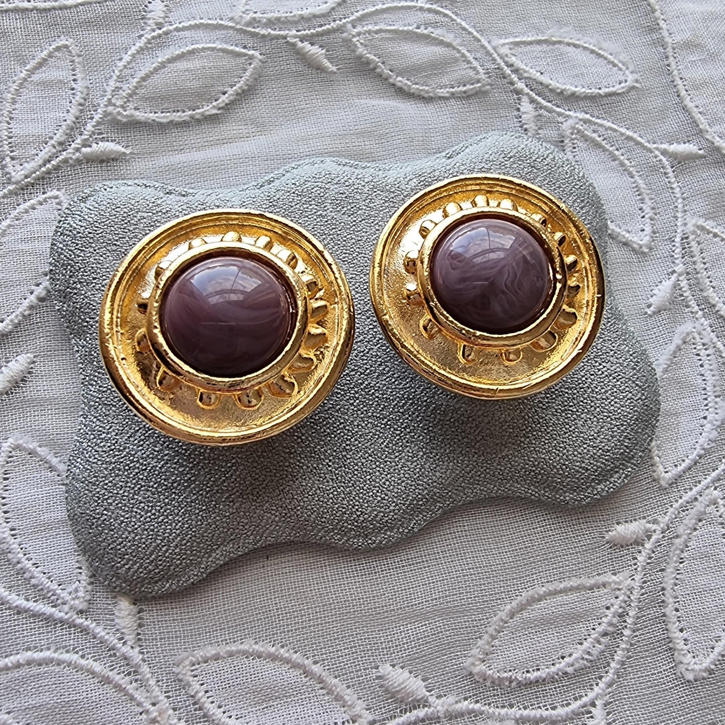 Clip on - Etruscan Purple Marbled Glass Cabochon Round Clip on Earrings