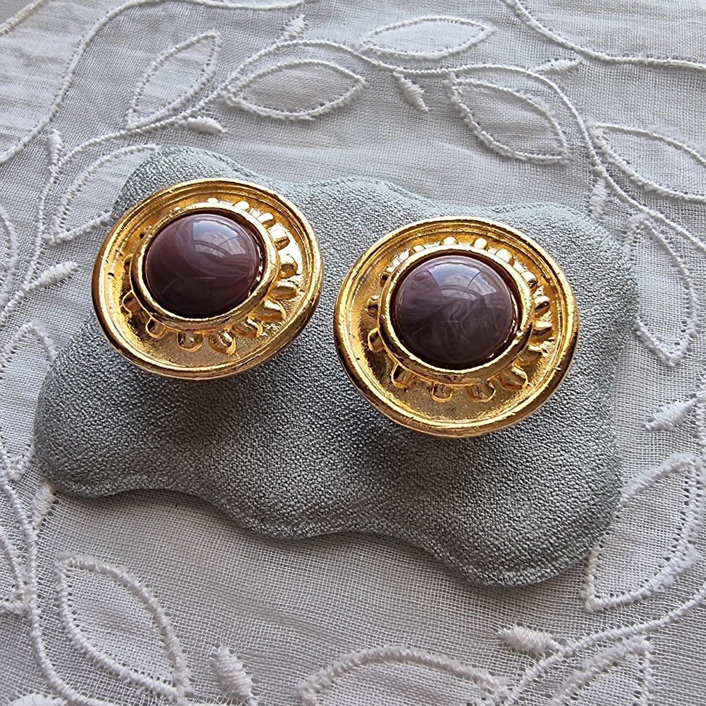 Clip on - Etruscan Purple Marbled Glass Cabochon Round Clip on Earrings