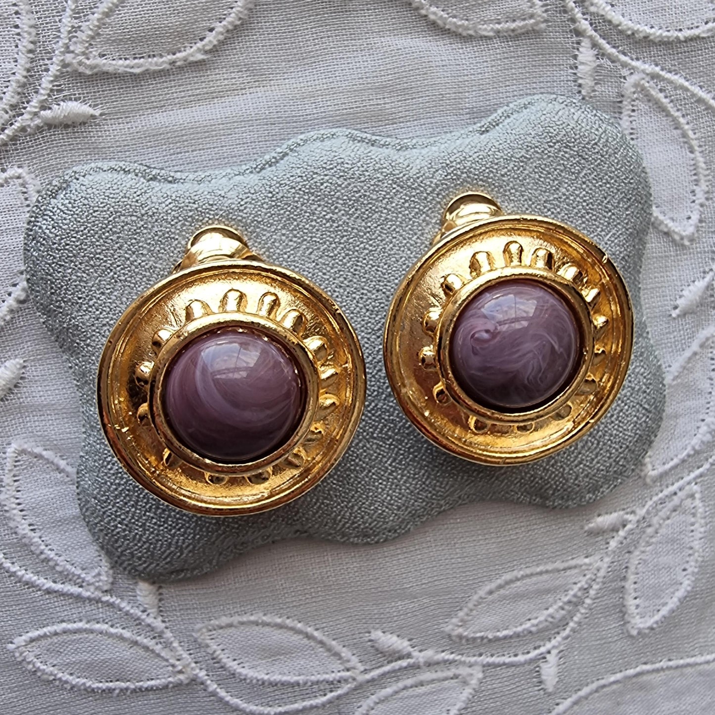 Clip on - Etruscan Purple Marbled Glass Cabochon Round Clip on Earrings