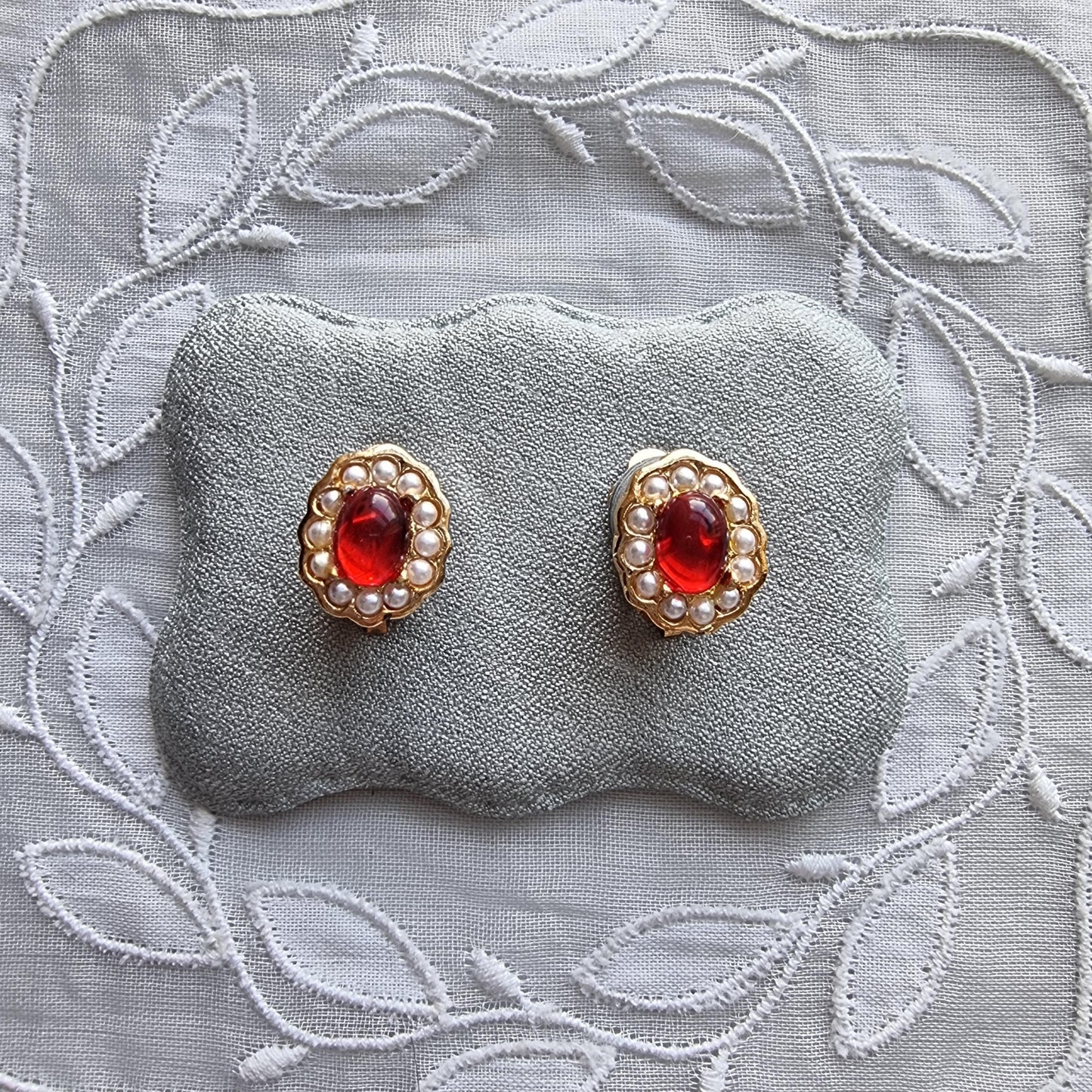 Clip on - Red Cabochon and Seed Pearls Clip on Earrings