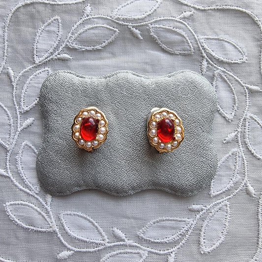 Clip on - Red Cabochon and Seed Pearls Clip on Earrings