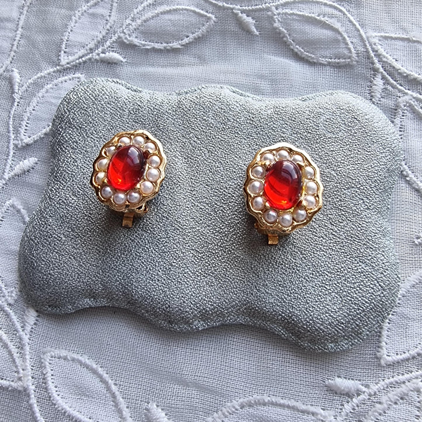 Clip on - Red Cabochon and Seed Pearls Clip on Earrings