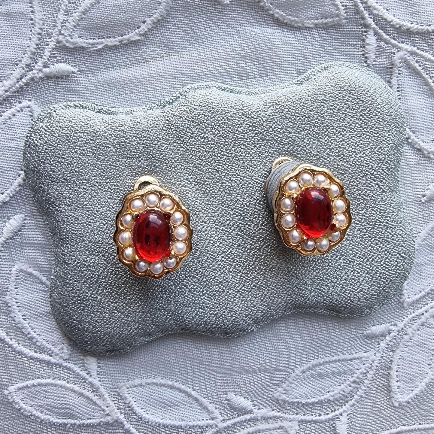 Clip on - Red Cabochon and Seed Pearls Clip on Earrings