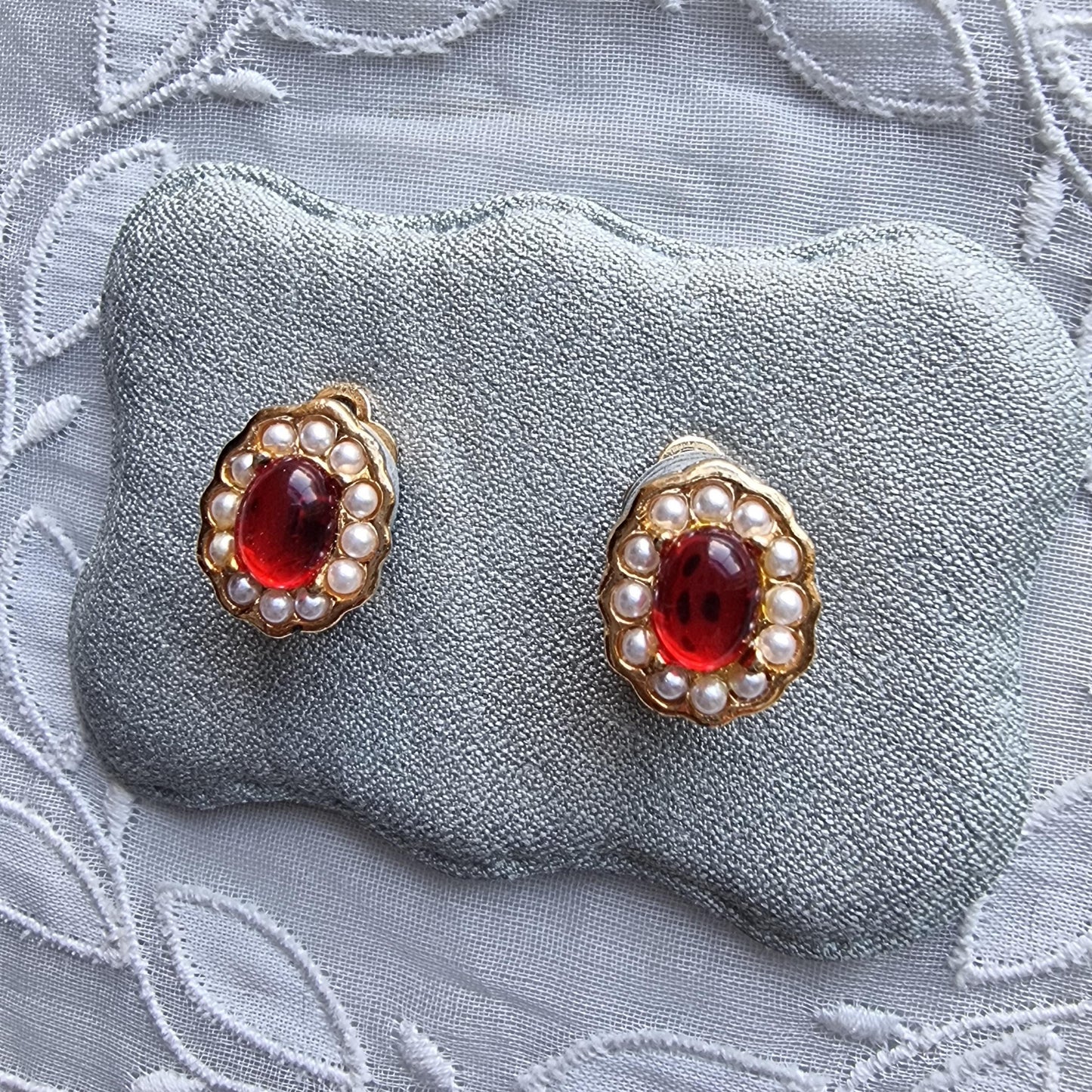 Clip on - Red Cabochon and Seed Pearls Clip on Earrings
