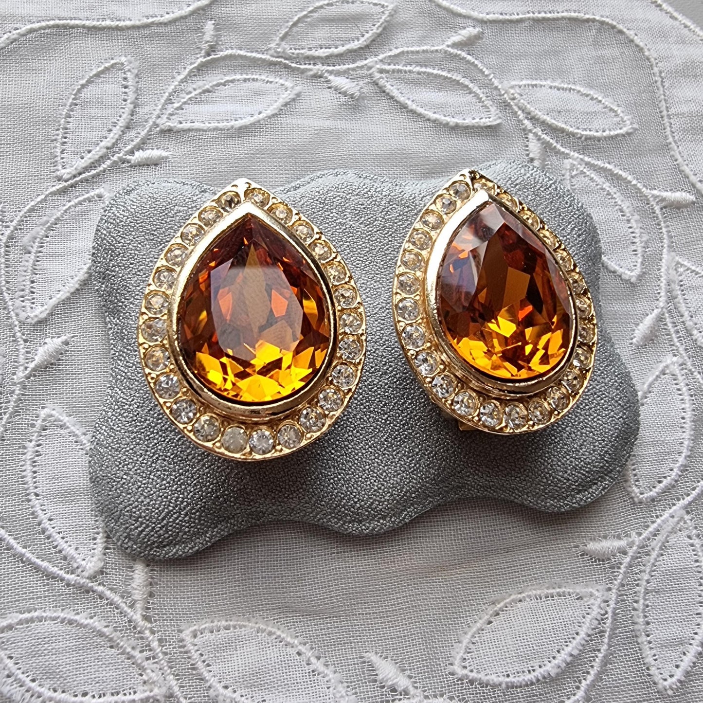 Clip on - Yellow Orange and Clear Crystals Clip On Earrings